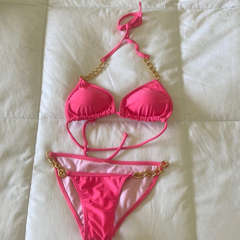 Pink with gold chain accent swim bathing suit Small